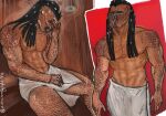 abs absurd_res alien black_hair clothed clothing dreadlocks hair hi_res humanoid kwei_(predator) male mandibles not_furry notactuallypope partially_clothed pecs predator:_badlands predator_(franchise) sauna scales scalie solo towel towel_only yautja