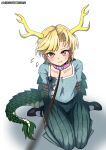 absurd_res animal_humanoid antlers arms_tied black_clothing black_footwear black_shoes blonde_hair blue_clothing blue_shirt blue_topwear blush bodily_fluids bottomwear bound clothed clothed_female clothed_humanoid clothing collar collarbone dragon dragon_humanoid eastern_dragon eastern_dragon_humanoid female first_person_view flying_sweatdrops footwear fully_clothed fully_clothed_female fully_clothed_humanoid green_bottomwear green_clothing green_skirt green_tail green_tail_tuft hair hands_behind_back hi_res horn humanoid leash leashing_pov looking_at_viewer mythological_creature mythological_scalie mythology offscreen_character pink_collar pleated_skirt red_eyes scalie shirt shoes short_hair simple_background sitting skirt sleepymoon smile socks solo sweat sweatdrop tail tail_tuft topwear touhou tuft wariza white_background white_clothing white_footwear white_socks yachie_kicchou yellow_antlers
