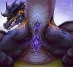 aetherios animal_genitalia anus belly black_body black_horn black_scales bodily_fluids butt dragon feral firael genital_fluids genital_slit genitals glowing glowing_eyes glowing_markings grey_belly grey_body grey_scales hi_res horn looking_at_viewer male markings membrane_(anatomy) membranous_wings mythological_creature mythological_scalie mythology orange_eyes orange_markings penis presenting presenting_anus presenting_hindquarters purple_anus purple_penis quadruped raised_tail scales scalie simple_background smile smiling_at_viewer solo spread_legs spreading tail valdemar_fordragon wet wings