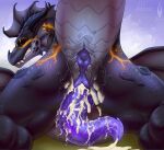 aetherios animal_genitalia anus belly black_body black_horn black_scales bodily_fluids butt cum cum_in_slit cum_inside cum_on_penis dragon dripping ejaculation feral firael genital_fluids genital_slit genitals glowing glowing_eyes glowing_markings grey_belly grey_body grey_scales hi_res horn looking_at_viewer male markings membrane_(anatomy) membranous_wings mythological_creature mythological_scalie mythology orange_eyes orange_markings penis precum prehensile_penis presenting presenting_anus presenting_hindquarters purple_anus purple_penis quadruped raised_tail scales scalie simple_background smile smiling_at_viewer solo spread_legs spreading tail valdemar_fordragon wet wings