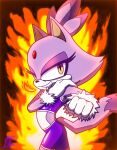 absurd_res anthro athletic_wear blaze_the_cat bottomwear bra breath_powers clothing domestic_cat elemental_manipulation empty_eyes evil_grin eye_bags felid feline felis female fire fire_background fire_breathing fire_manipulation flat_chested forehead_gem gem gloves grin gym_bottomwear gym_shorts hair handwear hi_res hypnosis mammal mind_control pupils purple_body ruckuss sega shorts shoulder_grab slit_pupils smile solo sonic_the_hedgehog_(series) sports_bra stretching tail tied_hair underwear white_clothing white_gloves white_handwear yellow_eyes