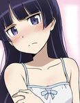  bare_shoulders blush eyebrows_visible_through_hair frown gokou_ruri head_tilt ikari_manatsu long_hair looking_at_viewer looking_to_the_side mole mole_under_eye ore_no_imouto_ga_konna_ni_kawaii_wake_ga_nai purple_eyes purple_hair ribbon solo upper_body 