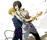  bad_id bad_pixiv_id black_hair blonde_hair blue_eyes bob_cut bruno_buccellati giorno_giovanna hair_ornament itigesou jojo_no_kimyou_na_bouken multiple_boys plant purple_eyes vines zipper 