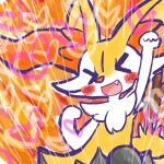 >o< 1:1 2024 ambiguous_anthro ambiguous_gender annyui0611 anthro biped blush blush_stickers braixen canid cute_fangs digital_drawing_(artwork) digital_media_(artwork) fangs fist_pump front_view generation_6_pokemon half-length_portrait heart_symbol hi_res japanese_description jumping mammal nintendo object_in_tail open_mouth open_smile pokemon pokemon_(species) portrait simple_background smile solo stick stick_in_tail tail teeth translated_description