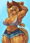 2026 5_fingers abs absurd_res accessory anthro applejack_(mlp) belt belt_buckle big_breasts big_muscles biped blonde_hair blue_background bodily_fluids bottomwear bra breasts buckle clothed clothing collarbone colored cowboy_hat crossed_arms cutie_mark denim denim_bottomwear denim_clothing denim_shorts digital_drawing_(artwork) digital_media_(artwork) earth_pony equid equine eyelashes female fingers fist friendship_is_magic fur fur_tuft green_eyes hair hair_accessory hairband half-length_portrait hands_behind_head hasbro hat headgear headwear hi_res horse lats_(muscle) line_art long_hair looking_at_viewer mammal midriff muscular muscular_arms muscular_female muscular_legs my_little_pony navel neck_muscles obliques orange_body orange_fur panty_slip pecs pecs_with_breasts pointy_ears pony ponytail portrait pose prick_ears raised_arms shaded shorts simple_background smile snout solo sports_bra standing straight_hair sweat tail thedarkzircon thick_thighs tuft underwear
