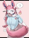 2026 3:4 anthro anthrofied big_breasts biped blush bottomless bow_ribbon breasts clothed clothing covering covering_crotch covering_self eeveelution eyebrows eyelashes female fur generation_6_pokemon hair heart_symbol hi_res korean_text looking_at_viewer mammal mimideu64931 nintendo open_mouth pink_body pink_fur pink_hair pokemon pokemon_(species) ribbons simple_background solo standing sylveon tail text topwear translated white_body white_fur