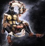 anthro balls bdsm belt bondage bound breasts cuffs_(object) erection fur genitals giraffe giraffid gynomorph half-erect halter hi_res hooves intersex mammal nipple_piercing nipple_ring nipples nude penis piercing ring_piercing simple_background sitting solo tail venlightchaser