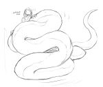 apode arms_bent clothed clothing coiling digital_drawing_(artwork) digital_media_(artwork) directional_arrow draconcopode english_text female full-length_portrait hair hand_on_tail hi_res humanoid lamia legless long_tail looking_at_viewer monochrome nervous portrait reptile scalie serpentine short_hair simple_background sketch snake solo split_form straight_hair tail tapering_tail text thick_tail white_background whitechip