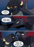 2026 absurd_res anthro anthrofied bangs black_body blue_eyes claws comic dialogue digital_media_(artwork) duo ear_piercing ear_ring eeveelution english_text facial_piercing female generation_2_pokemon generation_5_pokemon glowing glowing_eyes hi_res inner_ear_fluff kabedon looking_at_another looking_away lucky_(odeko-yma) male markings nintendo nose_piercing nose_ring nova_(odeko-yma) odeko-yma open_mouth piercing pokemon pokemon_(species) pokemon_mystery_dungeon pokemorph red_claws red_eyes ring_piercing septum_piercing septum_ring signature speech_bubble spike_chunsoft tear_trough text tuft umbreon yellow_markings yellow_sclera zoroark