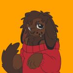 1:1 absurd_res anthro big_eyes bodily_fluids bra_strap brown_body brown_fur brown_hair cabbitdork cheek_markings digital_drawing_(artwork) digital_media_(artwork) ear_piercing eyebrow_piercing eyebrows facial_markings facial_piercing fangs female floppy_ears fluffy fluffy_tail fur hair half-length_portrait head_markings hi_res lagomorph long_ears looking_at_viewer mammal markings neck_tuft piercing portrait simple_background solo sweat tail teeth thick_eyebrows tuft unnamed_character