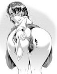  abemorioka anal_hair anus ass bent_over flying_sweatdrops from_behind glasses greyscale japanese_clothes looking_back miko monochrome no_panties original presenting pubic_hair pussy_juice solo wide_sleeves 