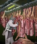 5:6 absurd_res ambiguous_gender anthro apron bite blood blood_on_clothing bodily_fluids canid canine cleaver_(knife) clothed clothing cutlery gore hi_res inside kitchen_knife kitchen_utensils knife mammal meat_hook morbidcorvidarts processing red_eyes severed_body_part severed_ear shaded solo tools