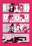  1boy 4koma 5girls absurdres ahoge android antonio_salieri_(fate/grand_order) artist_name bangs bare_shoulders chaldea_uniform comic commentary_request dated dragon_horns electric_guitar elizabeth_bathory_(fate) elizabeth_bathory_(fate)_(all) elizabeth_bathory_(halloween_caster)_(fate) fate/grand_order fate_(series) fujimaru_ritsuka_(female) guitar hair_ornament hair_scrunchie hat highres horns instrument long_hair looking_at_another mecha_eli-chan mecha_eli-chan_mk.ii microphone multiple_girls music odeyama one_eye_closed partially_colored partially_translated pink_eyes pointy_ears red_hair scrunchie short_hair side_ponytail singing smile sweat translation_request triangle_mouth upper_body witch_hat 