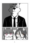absurd_res anthro black_and_white bodily_fluids brown_eyes canid canine canis cherry_the_rabbit clothing comic eulipotyphlan female green_eyes group hedgehog hedgehog_girl_(kyogummi) hi_res kyogummi lagomorph leporid looking_at_viewer looking_down looking_down_at_viewer male male/female mammal monochrome pink_eyes rabbit red_eyes suit sweat sweatdrop wolf wolf_(kyogummi)
