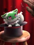 2026 3:4 ambiguous_gender annoyed claws clothing desk duo felid feline feral feral_focus fingers fur furniture generation_9_pokemon green_body green_fur hat headgear headwear hi_res human magician_hat mammal mimideu64931 nintendo pokemon pokemon_(species) quadruped sprigatito table tail