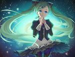  aqua_eyes bow bowtie floating_hair green_hair hair_ornament hairclip hatsune_miku kail long_hair pantyhose skirt solo striped twintails very_long_hair vocaloid 