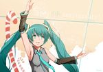  2013 aqua_hair arm_up armpits artist_name candy candy_cane commentary dated detached_sleeves food green_eyes happy_birthday hatsune_miku hews_hack long_hair musical_note necktie solo twintails very_long_hair vocaloid 