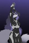 2026 5_fingers abs absurd_res anthro armor arms_above_head big_tail biped black_background black_eyebrows black_eyeshadow black_makeup black_nose breasts canid canine claws clothing countershade_face countershading crysis cybernetic_arm cybernetic_limb cybernetics cyborg digital_media_(artwork) dipstick_tail eyebrows eyelashes eyeliner eyeshadow featureless_breasts female female_anthro finger_claws fingers flat_colors fluffy fluffy_tail front_view glistening gradient_background grey_body hair half-closed_eyes hi_res highlights_(coloring) kochack long_hair long_tail machine makeup mammal markings medium_breasts metal_claws multicolored_hair muscular muscular_female nanosuit narrowed_eyes olka open_mouth portrait pose power_armor purple_background purple_eyes purple_hair raised_arms simple_background solo sparkles standing stretching synthetic_muscles tail tail_markings teeth three-quarter_portrait two_tone_hair