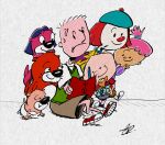 absurd_res anthro aquatic beret black_nose blue_beret bottomwear butter_otter clothing crossover cyprinid cypriniform dennis_(stanley) disney dot_eyes doug_(series) doug_funnie female feral fish footwear freckled_face freckles fur goldfish grandech group hair hat headgear headwear hi_res human jelly_otter jojo's_circus jojo_(jojo's_circus) light_body light_skin magenta_fur male mammal mustelid nickelodeon otter pb_and_j_otter peanut_otter pink_hair pinky_dinky_doo pinky_dinky_doo_(character) purple_clothing purple_hair purple_sweater purple_topwear red_body red_clothing red_footwear red_fur red_nose red_shirt red_shoes red_sneakers red_t-shirt red_topwear shirt shoes shorts simple_eyes sneakers stanley_(series) stanley_griff sweater t-shirt tan_body tan_bottomwear tan_clothing tan_shorts tan_skin topwear white_body white_clothing white_shirt white_skin white_snout white_t-shirt white_topwear yellow_clothing yellow_shirt yellow_topwear
