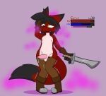 anthro bodily_fluids boots canid canine clothing cyrus_nightfire femboy flustered footwear fox game_ui gameplay_mechanics genital_fluids genitals gui health_bar heterochromia hi_res leaking_precum leggings leggings_only legwear legwear_only male mammal melee_weapon nightfire nipples penis pheromones precum shaking_legs shoes solo sword weapon