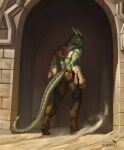 amputated_wing amputee anthro athletic athletic_anthro athletic_male bandage blood bodily_fluids butt clothing colored digital_media_(artwork) digital_painting_(artwork) disability dragon european_mythology footwear frown glowing glowing_eyes green_body green_scales hi_res horn light lighting male missing_limb missing_wings mythological_creature mythological_scalie mythology painting_(artwork) saltamor scales scalie scowl shaded shadow shirtless_anthro shirtless_male solo tight_clothing toeless_footwear walking_away western_dragon wing_stubs yellow_eyes