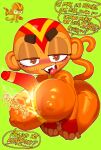 anthro bedroom_eyes big_breasts bloons_tower_defense blush bodily_fluids boomerang boomerang_monkey_(bloons) breasts brown_body brown_fur burning_clothes clothing dialogue english_text fangs female fingerless_gloves fur glistening glistening_breasts gloves goatboydraws green_background half-closed_eyes handwear haplorhine heart_eyes heart_symbol hi_res hot_dogging_through_clothing looking_at_viewer mammal monkey narrowed_eyes ninja_kiwi nipple_outline open_mouth primate red_hot_metal seductive simple_background skinsuit solo speech_bubble sweat sweatdrop tail talking_to_viewer taunting teeth text tight_clothing