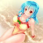  arm_support blue_hair breasts casual_one-piece_swimsuit highres kogarashi_(wind_of_winter) large_breasts one-piece_swimsuit orange_eyes original short_hair solo swimsuit 