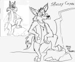 2019 3_toes 4_fingers 6:5 anthro barefoot bent_leg biped black_and_grey black_nose bottomless bottomless_anthro bottomless_male canid canine canis canyon character_name cheek_tuft chest_tuft chin_tuft clothed clothing comparison coyote coyoteville dated desert digital_drawing_(artwork) digital_media_(artwork) dipstick_tail ears_outwards eyebrows facial_tuft feet fingers fluffy fluffy_tail googly_eyes graphite_(artwork) head_tuft humanoid_hands kerchief knee_tuft leg_tuft line_art male mammal markings monochrome neckerchief neckwear on_rock open_clothing open_topwear open_vest outside paws pecs pivoted_ears plantigrade prototype raised_eyebrows raised_heel redraw reference_image rock sean_o'desse signature sketch smile solo spazzy_coyote standing standing_on_toes stevethedragon tail tail_markings text thick_eyebrows tiptoes toes toony topwear traditional_media_(artwork) tuft vest