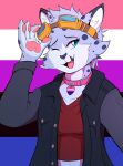 1_eye anthro blue_body blue_ears blue_eyes claws clothing collar eyewear felid genderfluid_(lore) genderfluid_pride_colors genderfluid_symbol goggles grey_clothing hi_res jacket lgbt_pride mammal one_eye_closed pantherine paws pink_collar pride_colors red_clothing red_shirt red_topwear shirt snow_leopard solo topwear toshabi toshabi_(character) trans_(lore) trans_woman_(lore) white_body wink yellow_eyewear yellow_goggles