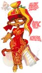4_fingers anthro asian_clothing bloons_tower_defense bodily_fluids brown_body brown_eyes brown_fur chinese_clothing chinese_dress clothing dialogue dishonesty dress east_asian_clothing english_text fangs female fingers flamethrower footwear fur furgonomics goatboydraws gwendolin_(bloons) hair hair_bun haplorhine hi_res high_heels looking_away mammal monkey ninja_kiwi primate ranged_weapon shoes simple_background smoke solo sweat sweatdrop tail tail_clothing teeth text tight_clothing tight_dress weapon white_background