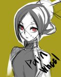  bare_shoulders bun_cover character_name eyelashes hair_bun hair_ornament halterneck monochrome nail painwheel_(skullgirls) red_eyes saisaimaru sketch skullgirls solo spot_color stitches upper_body 