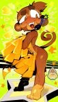 ambiguous_gender anthro bloons_tower_defense blush blush_lines bodily_fluids brown_body brown_eyes brown_fur brown_hair covering covering_self curled_tail earpiece electronics emanata fangs fur goatboydraws green_background hair haplorhine hi_res looking_away mammal microphone monkey ninja_kiwi nude open_mouth open_smile pom_poms primate simple_background smile solo sweat sweatdrop sweaty_body tail teeth tiptoes tongue
