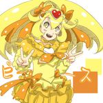  blonde_hair bow brooch bubble_skirt choker circlet color_connection cosplay cure_muse_(yellow) cure_muse_(yellow)_(cosplay) cure_peace double_v frills hair_flaps heart jewelry kasetsu kise_yayoi long_hair magical_girl orange_bow orange_skirt ponytail precure ribbon skirt smile smile_precure! solo suite_precure translation_request v white_background yellow yellow_choker yellow_eyes yellow_skirt 