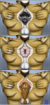 anal anal_vore anthro anus balls bone bones_in_feces border brady_(feroferret129) brown_stripes butt comic death disposal domestic_ferret duo feces felid fur genitals grey_border hi_res male mammal mustelid musteline nude pantherine skull stripes tiger tigerboy0916 true_musteline vore weasel yellow_body yellow_fur