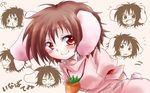  ^_^ animal_ears arms_behind_back brown_hair bunny_ears bunny_tail carrot carrot_necklace closed_eyes dress expressions inaba_tewi jewelry necklace open_mouth pendant pink_dress pout red_eyes smile solo tail tears tongue tongue_out touhou unya 