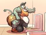 accident animal_genitalia animal_penis anthro balls balls_on_floor big_balls big_penis bigasshyperdiaper bigasshyperdiaper_(character) black_balls black_horn black_penis blue_body blue_fur bodily_fluids bovid bovine clothing equine_genitalia equine_penis exhaling facial_piercing fart fart_cloud feces footwear fur genital_fluids genitals hair hand_on_wall horn huge_balls huge_penis hyper male mammal muscular muscular_legs nipple_outline nipples nose_piercing overweight peeing peeing_into_container penis piercing pink_ears pink_nose pooping septum_piercing shirt shoes simple_background soiling soiling_bottomwear soiling_pants solo stained_clothing standing tank_top thick_penis topwear urinal urine white_body white_fur white_hair