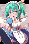  alternate_costume apron black_legwear blush breasts cleavage daiyousei dress enmaided green_eyes green_hair highres kuromu_(underporno) large_breasts maid maid_headdress open_mouth ribbon short_hair side_ponytail skirt_hold solo thighhighs touhou waist_apron wings zoom_layer 