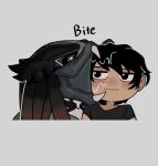 absurd_res alien alien_humanoid black_eyes black_hair chibi clothed clothed_human clothing colored duo english_text face_bite female female_human female_on_humanoid hair hi_res human human_on_humanoid humanoid interspecies leafjuly light_body light_skin male male_humanoid male_on_human mammal mandibles neutral_expression not_furry nude open_mouth predator_(franchise) pseudo_hair sharp_teeth shirt short_hair simple_background t-shirt teeth tentacle_hair tentacles text topwear xenophilia yautja
