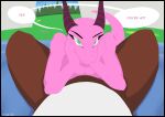 admiring anthro bedding between_legs black_border blanket border canid canine canis captain_(wistala_sah) consent crotch_shot dialogue female forest_background head_on_hand hi_res horn kobold leaning leaning_forward male mammal offscreen_male pink_body rathi_(wistala_sah) scalie shadowed_eyes spread_legs spreading tent_interior wistala_sah wolf