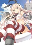  &gt;_&lt; akizone anchor artist_name black_panties blonde_hair closed_eyes cloud crop_top day elbow_gloves gloves hair_ornament innertube kantai_collection long_hair looking_at_viewer midriff navel open_mouth panties parted_lips rensouhou-chan shimakaze_(kantai_collection) sky striped striped_legwear thighhighs underwear white_gloves 