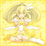  blonde_hair boots bow choker cure_peace double_v earrings hair_flaps hair_ornament hair_ribbon jewelry kasetsu kise_yayoi knee_boots long_hair looking_at_viewer magical_girl midriff navel ponytail precure ribbon sitting skirt smile smile_precure! solo v wings wrist_cuffs yellow yellow_background yellow_bow yellow_eyes yellow_skirt 
