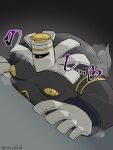 1_eye 3:4 anthro belly dusknoir generation_4_pokemon ghost grey_body heart_eyes heart_symbol hi_res japanese_text k_y_auauau lying male moobs nintendo nipples on_front overweight pokemon pokemon_(species) solo spirit text