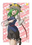  ;d bad_id bad_pixiv_id bisuke_(k_step2009) blush gaki_deka green_eyes green_hair hat heart highres looking_at_viewer one_eye_closed open_mouth parody pointing shiki_eiki short_hair skirt smile solo standing standing_on_one_leg star touhou 
