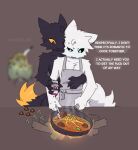 2026 4_fingers annoyed anthro apron arm_tuft black_sclera blue_pupils blurred_background blurred_character canid canine casualties:_unknown cheek_tuft chest_tuft clingy clothing colored cooking cookware cutlery dialogue digital_drawing_(artwork) digital_media_(artwork) dipstick_tail duo elbow_tuft elder_thornback_(casualities:_unknown) english_text expie_(gunsawian) facial_tuft fingers fire firewood fluffy fluffy_tail food fox frying_pan fungus gameplay_mechanics gunsawian head_tuft herbs hi_res holding_object holding_tool holding_utensil hug hugging_another hugging_from_behind hybrid inkless_brush kitchen_utensils knife mammal markings meat milky_(gunsawian) murid murine mushroom orange_sclera profanity pupils rat rodent salt salt_shaker seasoning shoulder_tuft simple_background smoke tail tail_markings text tools tuft