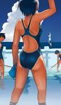  ass black_hair competition_swimsuit from_behind lvi multiple_girls one-piece_swimsuit one-piece_tan original short_hair swimsuit tan tanline 