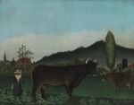19th_century 2_horns absurd_res ancient_art animal_genitalia balls bovid bovine building cattle clothed clothed_human clothing cloud detailed_background dress female female_feral feral fully_sheathed genitals group hat headgear headwear henri_rousseau hi_res hill holding_object hooves horn house human male male_feral mammal oil_painting_(artwork) outside painting_(artwork) plant public_domain quadruped sheath shrub side_view signature sky standing tail tail_tuft teats traditional_media_(artwork) traditional_painting_(artwork) tree trio tuft udders unguligrade