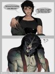 2_panel_comic absurd_res alien black_eyes black_hair blood bodily_fluids border clothed clothed_female clothed_human clothing colored_blood comic dialogue dirty duo english_text female female_human green_blood grey_border hair head_tilt hi_res human humanoid leafjuly light_body light_skin looking_at_viewer male male_humanoid mammal mandibles muscular muscular_humanoid muscular_male nude_humanoid nude_male predator_(franchise) question_mark sharp_teeth shirt simple_background speech_bubble tactical_gear teeth text thought_bubble topwear torn_clothing torn_shirt torn_topwear unusual_blood unusual_bodily_fluids yautja