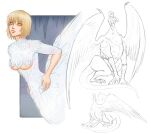2026 4_toes 5_fingers absurd_res arms_bent avian avian_taur big_wings blonde_hair blue_background border breasts claws colored delicious_in_dungeon digital_drawing_(artwork) digital_media_(artwork) dragon dragon_taur falin_touden feathered_wings feathers feet female fingers front_view hair hand_on_chin hands_behind_back hands_on_waist hi_res humanoid_taur hybrid lips long_tail looking_up multiple_angles mythological_creature mythological_scalie mythology nude open_mouth orange_eyes pecs plantigrade quadruped scales scalie shaded short_hair side_view simple_background sitting sketch small_upper_body smile soft_shading solo splanyic spread_wings standing straight_hair tail tan_body tan_skin tapering_tail taur thick_tail toes white_body white_border white_feathers wing_claws wings