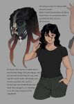 absurd_res alien alien_humanoid black_eyes black_hair bottomwear breasts clothed clothed_female clothed_human clothing colored english_text exposition female female_human hair hand_in_pocket headshot_portrait hi_res human humanoid leafjuly long_hair male male_humanoid mammal mandibles pants pockets portrait predator_(franchise) pseudo_hair sharp_teeth shirt t-shirt teeth tentacle_hair tentacles text three-quarter_portrait topwear yautja