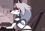 anthro canid canid_demon canine chair collar demon desk embarrassed female frown fur furniture grey_body grey_fur grey_hair hair hellaverse hellhound helluva_boss hi_res looking_back loona_(helluva_boss) mammal multicolored_body multicolored_fur mythological_canine mythological_creature mythology office_chair red_sclera semidraws solo spiked_collar spikes table tail tail_aside two_tone_body two_tone_fur wedgie white_body white_eyes white_fur whiteboard